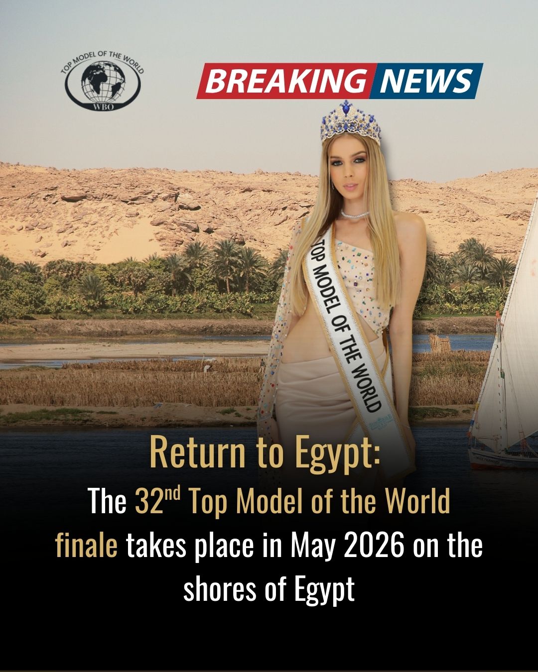 Das Bild zeigt eine Landschaft in Ägypten und die Gewinnerin des 31sten Top Model of the World, symbolic fpr: Glamour on the Red Sea The 32nd Top Model of the World Returns to Egypt